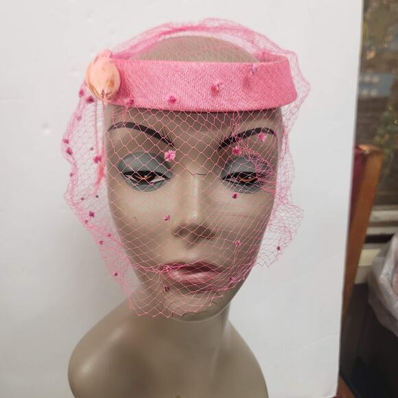 VINTAGE Pink Hat Net Veil Bird feather 7\